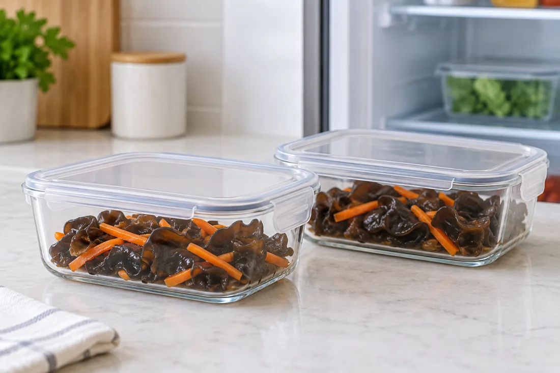 shallow portions of a cooked wood ear dish prepared for controlled refrigerated storage.