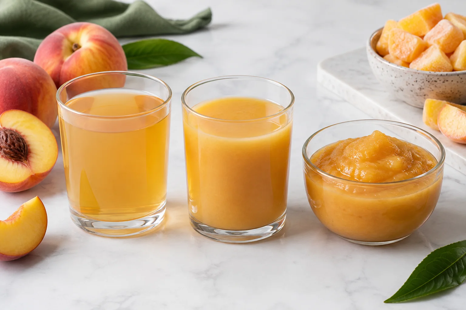 Three unlabelled transparent vessels compare translucent peach juice, opaque pourable nectar and thick peach puree, with ripe and frozen peaches nearby