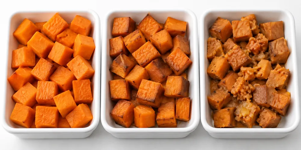 Intact, darker and broken sweet potato pieces in separate trays