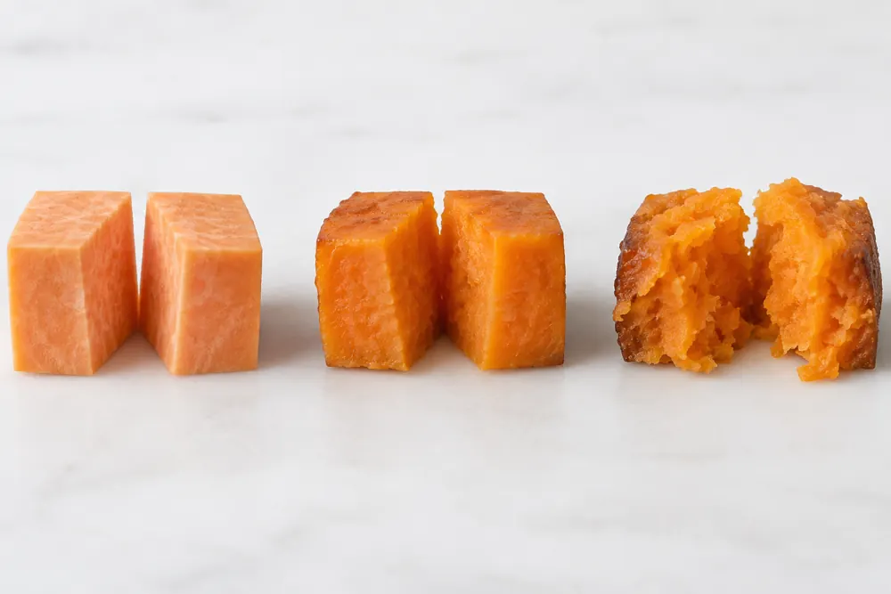 Sweet potato cubes show raw, heated intact and softened states