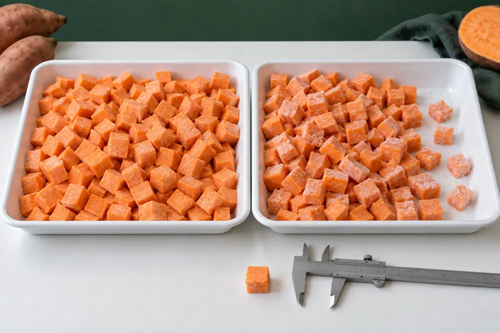 Two sweet potato cut samples with a caliper and raw reference cube