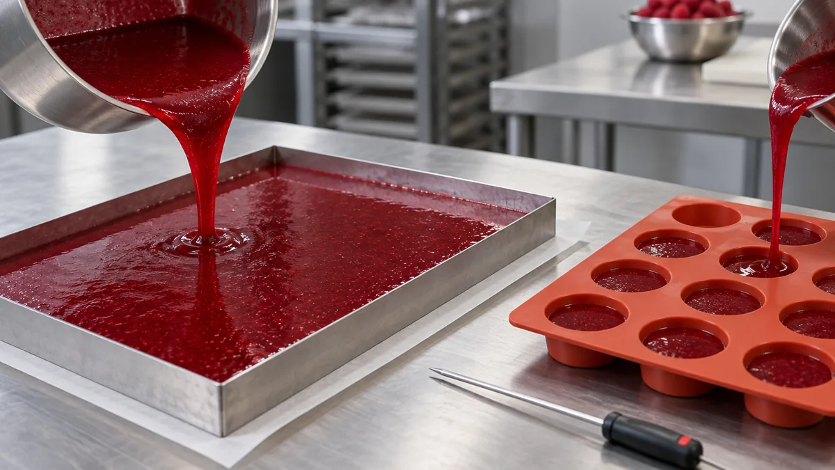 Hot red fruit gel deposited into a shallow frame and silicone molds