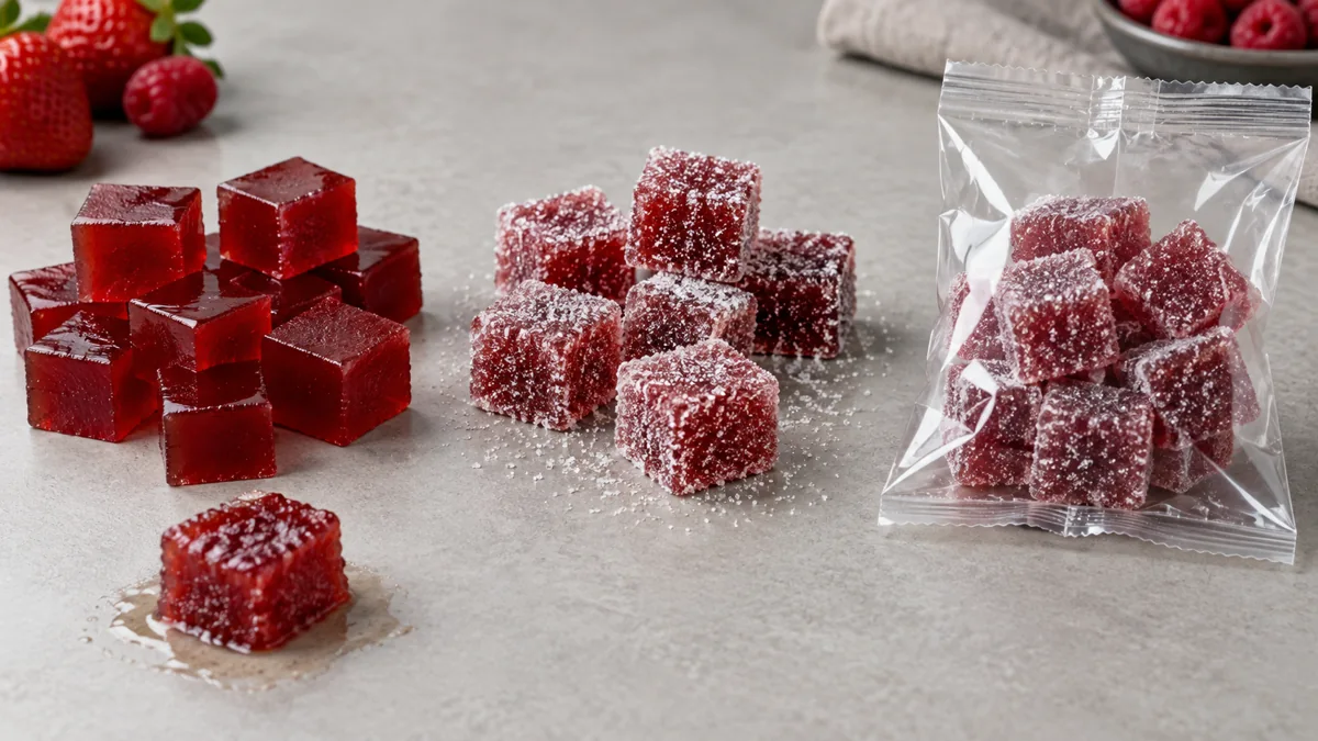 Clean-cut fruit candy cubes uncoated sugar-coated and sealed for trial