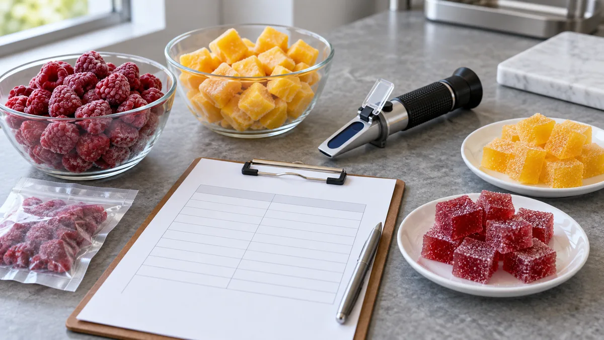 IQF fruit samples blank trial sheet refractometer and finished candy pieces