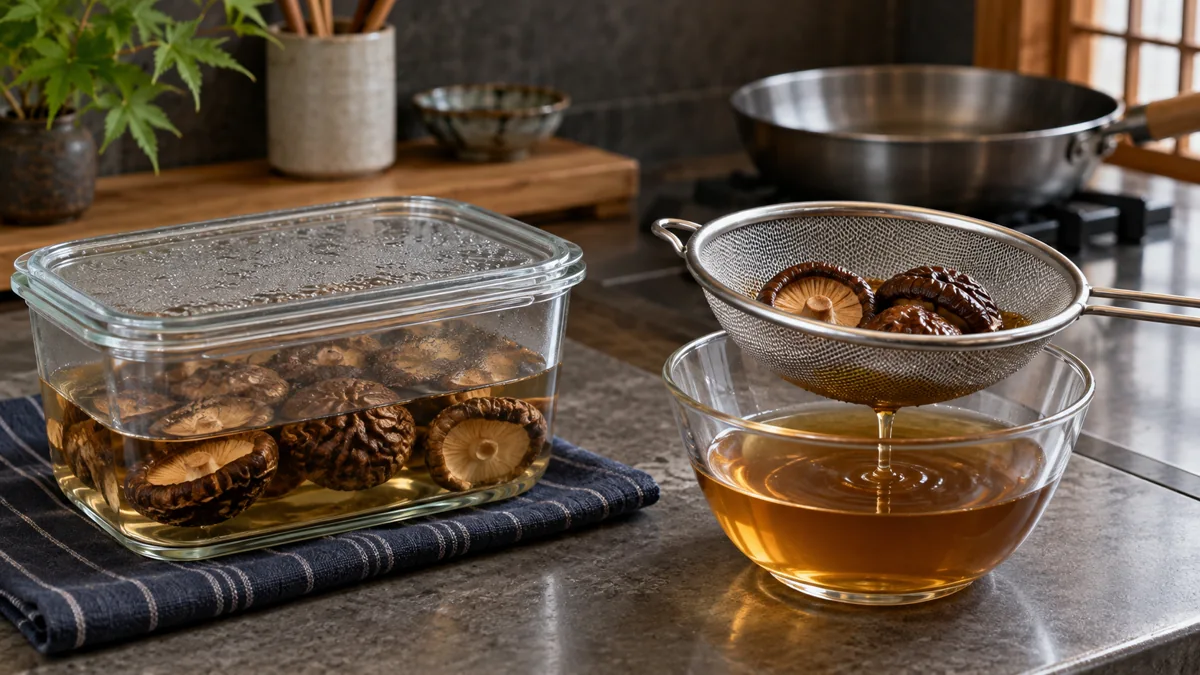 Covered dried shiitake rehydration vessel beside a strainer and collected amber liquid