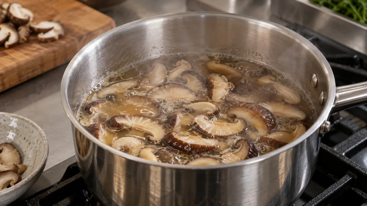 Shiitake slices cooking in a saucepan of mushroom broth
