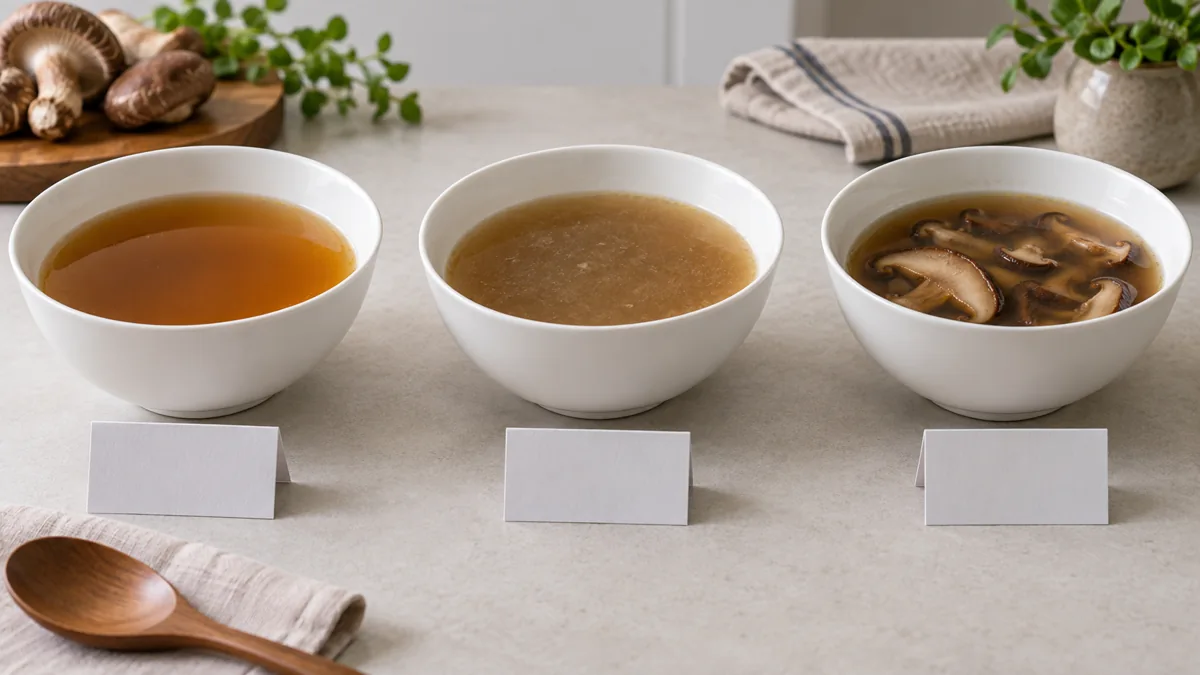 Three equal-volume finished mushroom soups prepared for a blind comparison