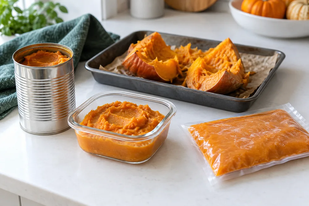 Opened canned pumpkin, prepared puree and pumpkin pieces Opened canned pumpkin, prepared puree and pumpkin pieces