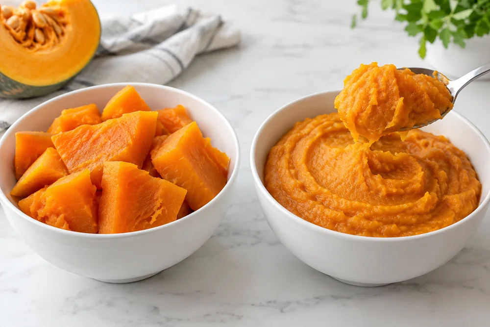 Pumpkin pieces beside smooth pumpkin puree